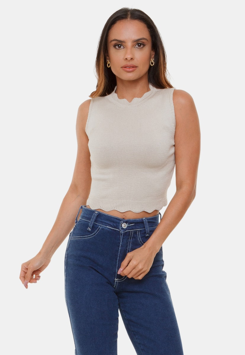 Cropped Blusa Regata Pink Tricot Manuela Decote Redondo de Tricô Modal Gola Alta Feminino Bege