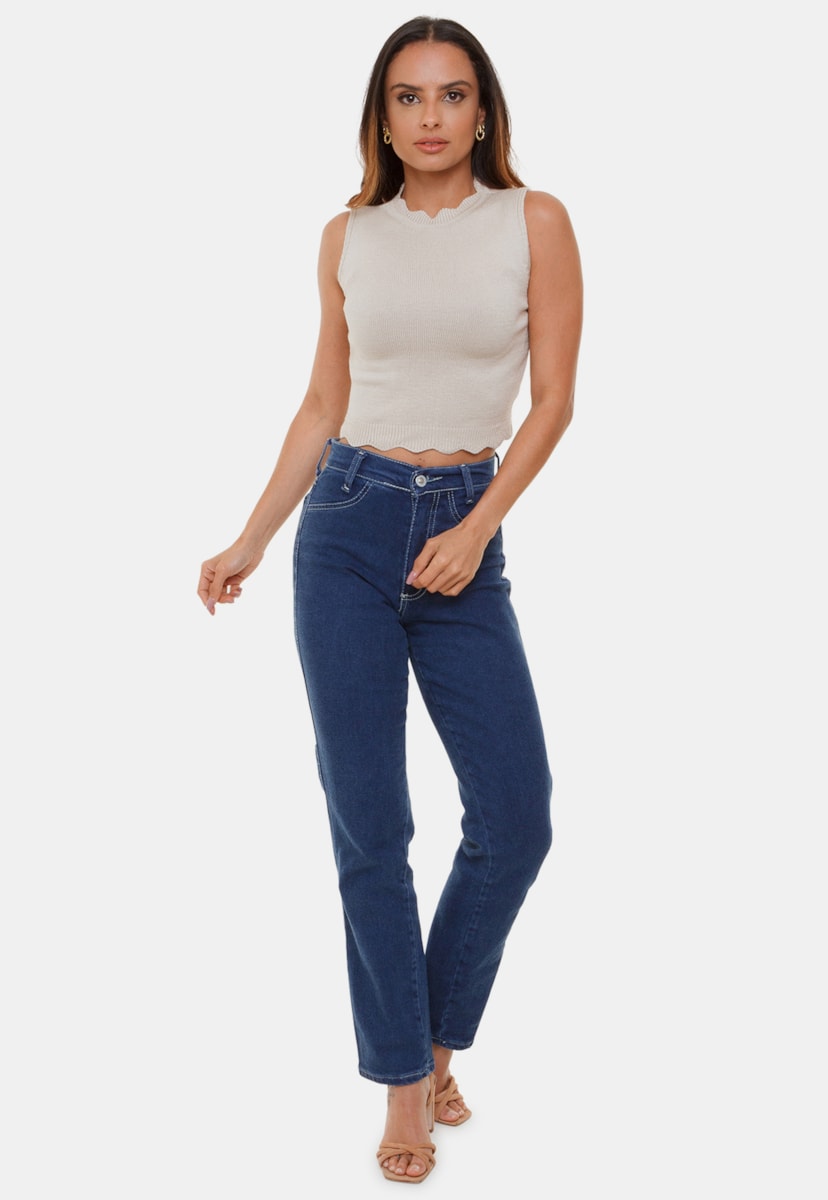 Cropped Blusa Regata Pink Tricot Manuela Decote Redondo de Tricô Modal Gola Alta Feminino Bege