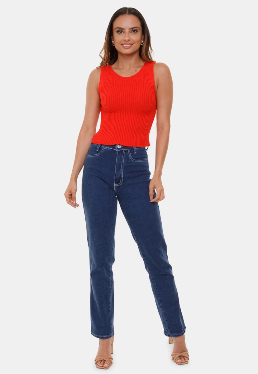 Cropped Regata de Tricô Pink Tricot Gabriela Modal Canelado Top Decote Redondo Feminino Vermelho