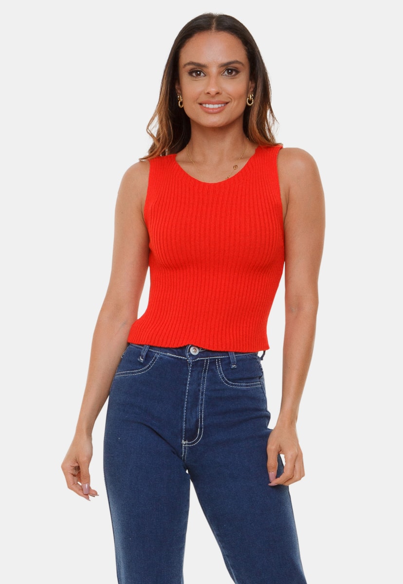 Cropped Regata de Tricô Pink Tricot Gabriela Modal Canelado Top Decote Redondo Feminino Vermelho