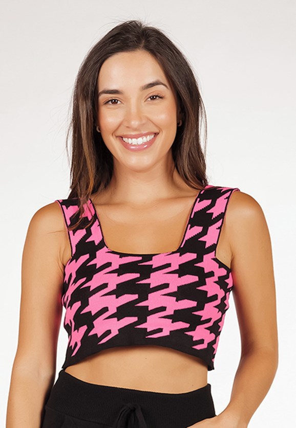 Blusa Cropped  De Tricô Modal Regata Pink Tricot Top  Reto Feminino Com Estampa Pied Poule Branco