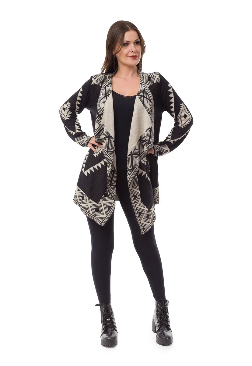 Kimono Casaco Pink Tricot(Tricô) Estampa Geométrica Feminino Preto com Bege