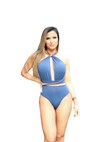 Maiô Body Pink Tricot Decote Frente e Costas Com Amarração Dupla Face Feminino Azul/Laranja