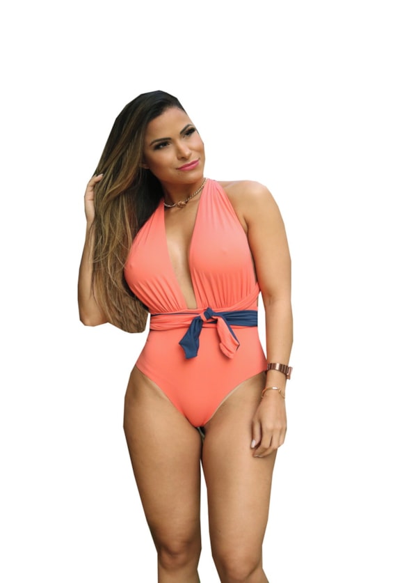 Maiô Body Pink Tricot Decote Frente e Costas Com Amarração Dupla Face Feminino Azul/Laranja