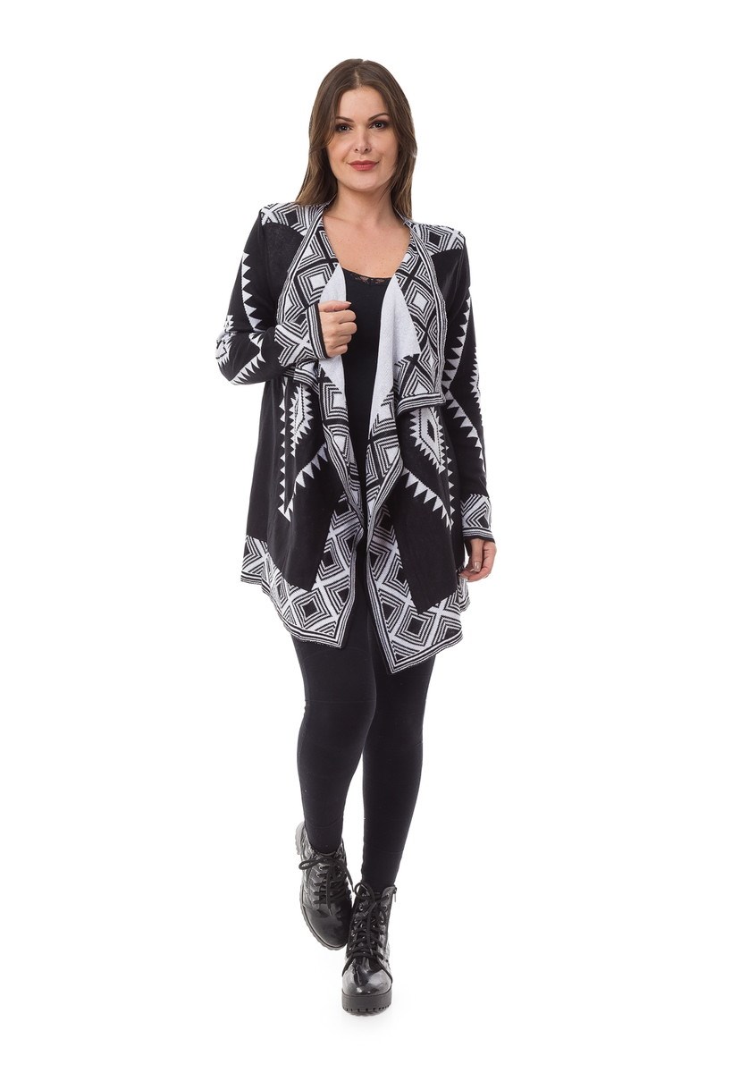 Malhas e Tricô Kimono Pink Tricot Estampa Geométricos Feminino Preto com Branco