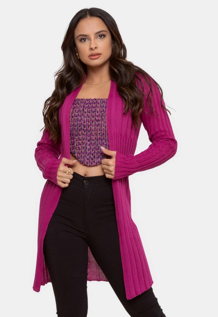 Max Cardigan Pink Tricot Casaco Tricô Canelado Feminino Violeta