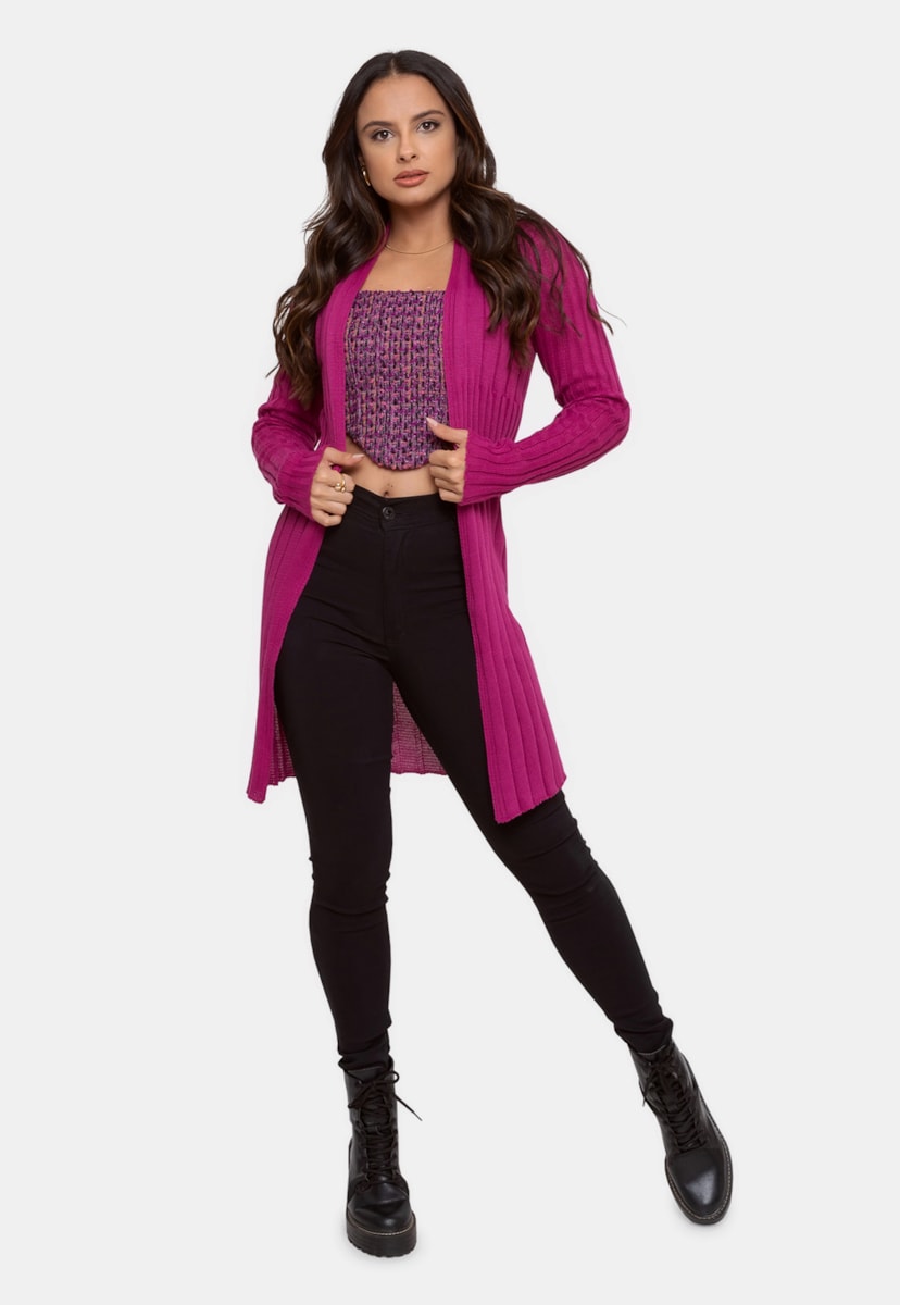 Max Cardigan Pink Tricot Casaco Tricô Canelado Feminino Violeta