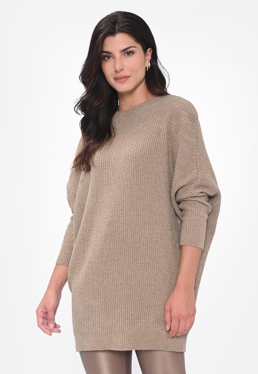 Maxi Pull Manga Morcego de Tricot Oversized Feminino Caramelo