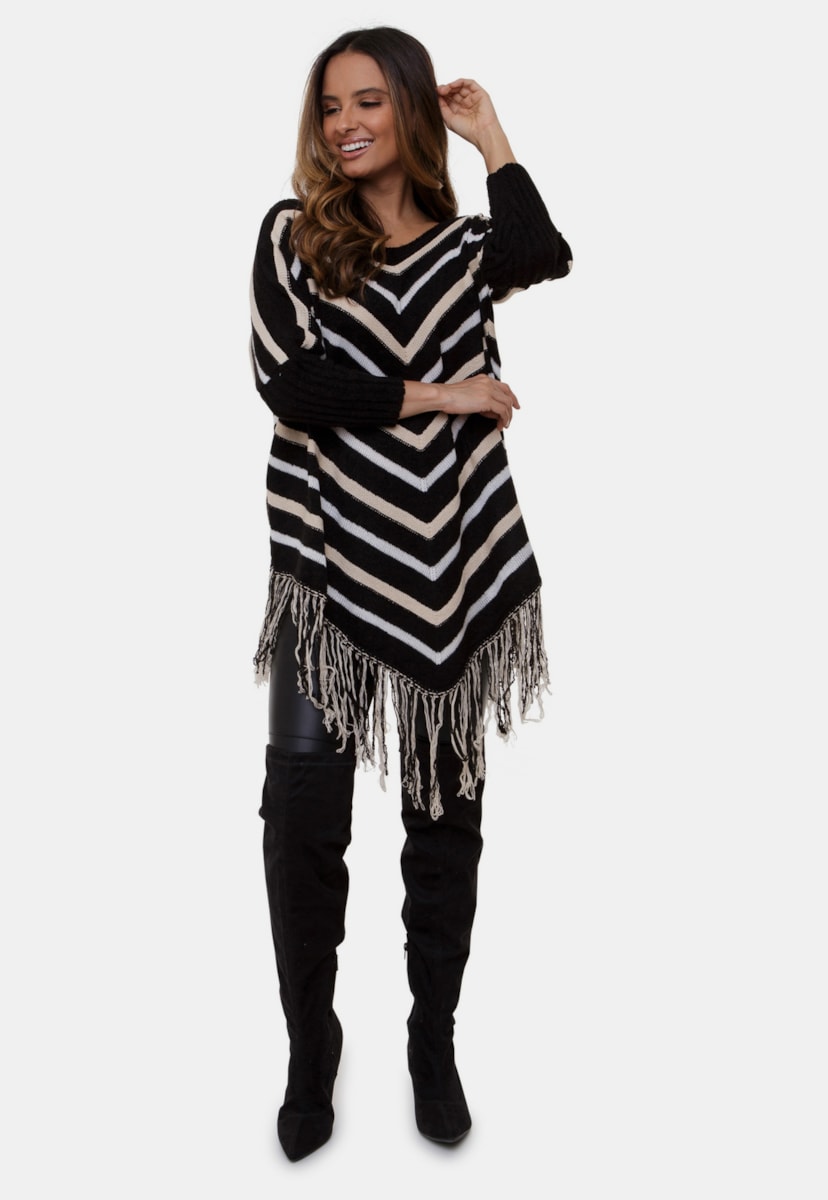 Poncho Casaco de Tricô Pink Tricot Estampa Listrado com Franjas Feminino
