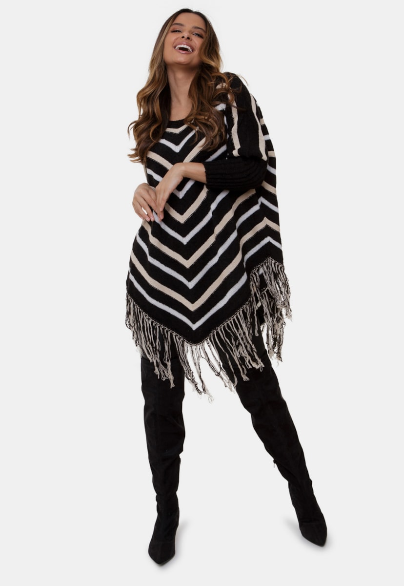 Poncho Casaco de Tricô Pink Tricot Estampa Listrado com Franjas Feminino