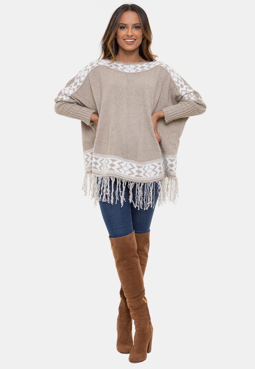 Poncho Kimono de Tricô Pink Tricot Estampa Geométrica com Franjas e Mangas Caneladas Bege