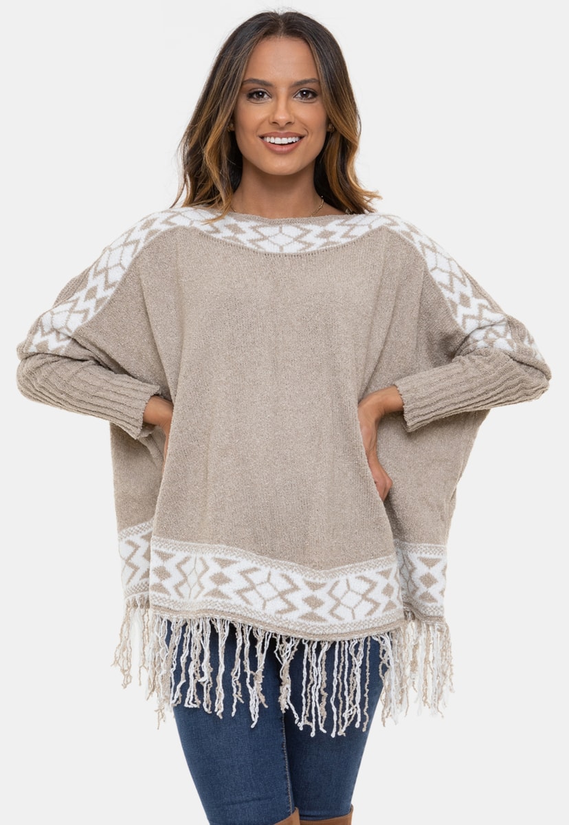 Poncho Kimono de Tricô Pink Tricot Estampa Geométrica com Franjas e Mangas Caneladas Bege