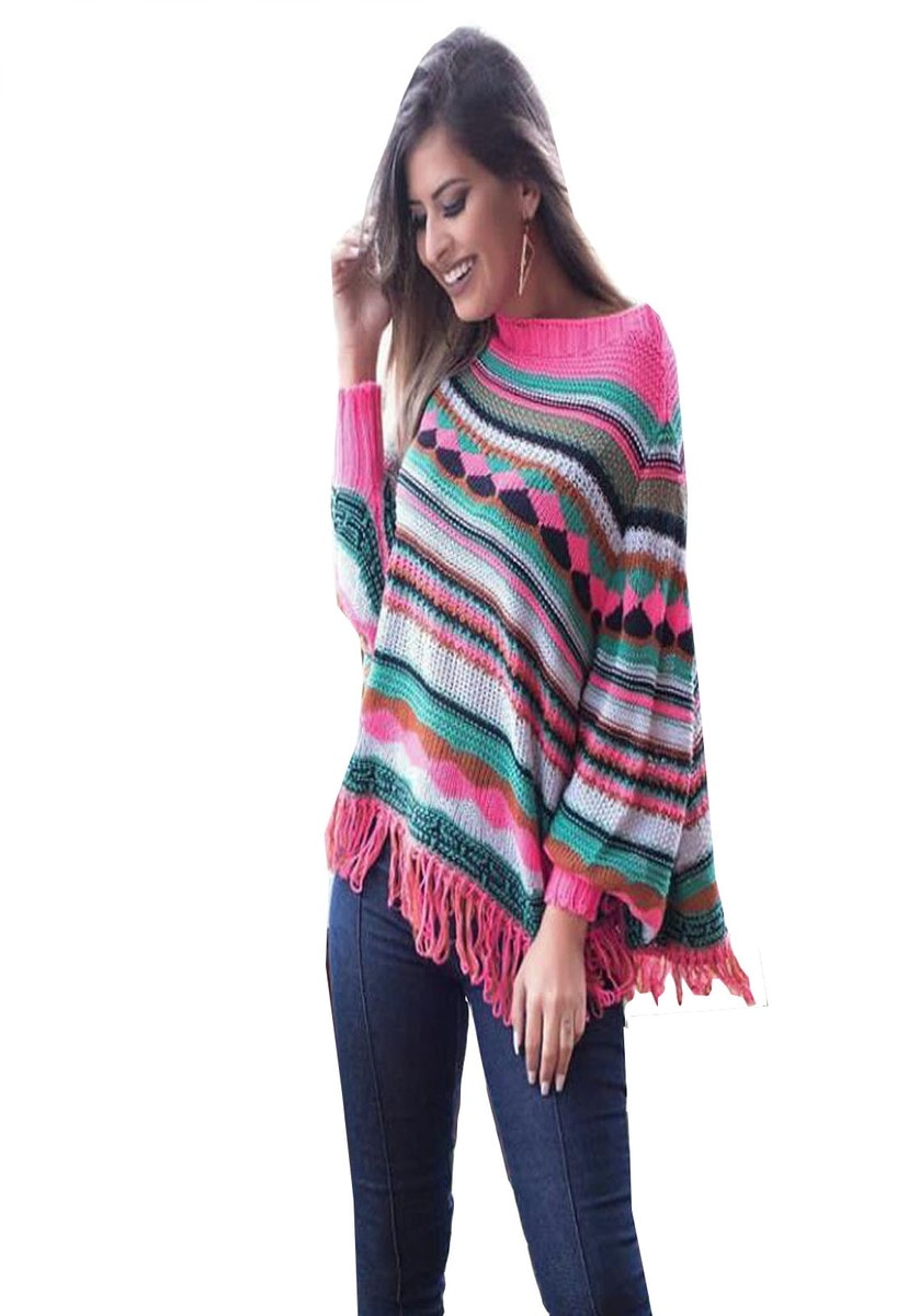Poncho Pelerine Feminino de Tricô Pink Tricot Listrado com Franjas Multicolorido