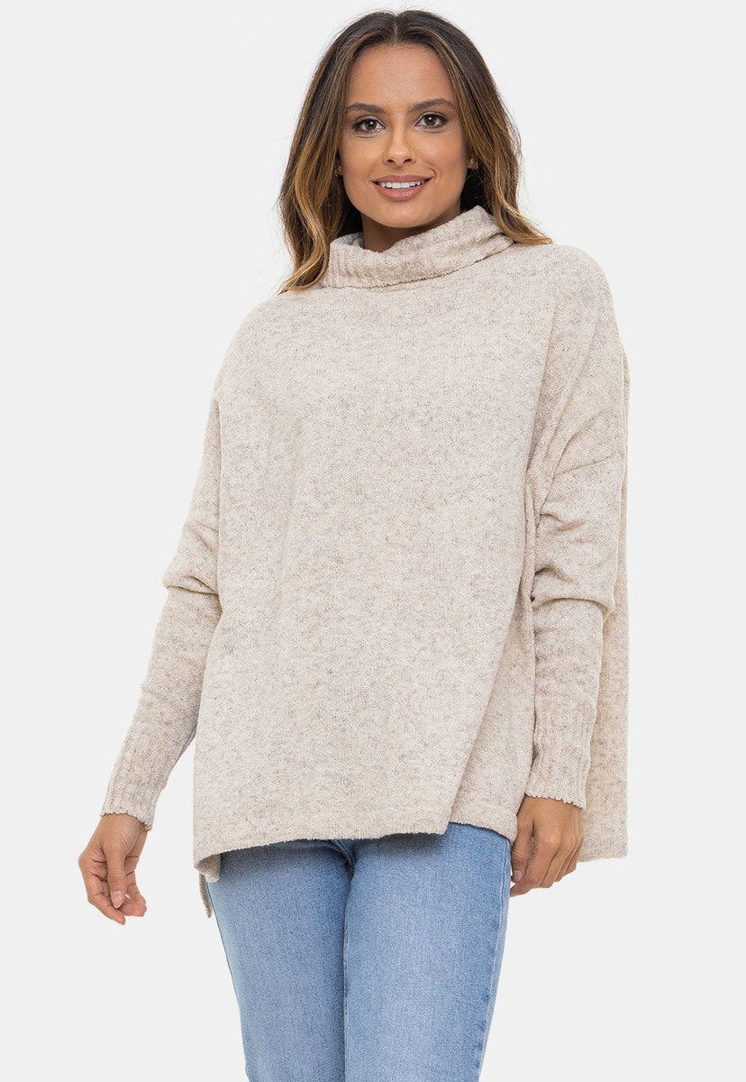 Poncho Pink Tricot Eda Gola Boba de Tricô Mousse Manga Longa Canelada Feminino Bege