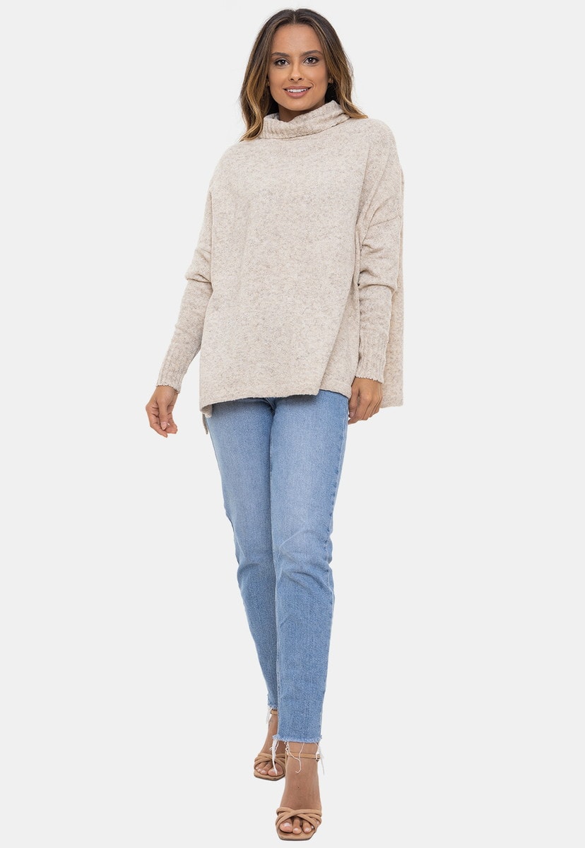 Poncho Pink Tricot Eda Gola Boba de Tricô Mousse Manga Longa Canelada Feminino Bege