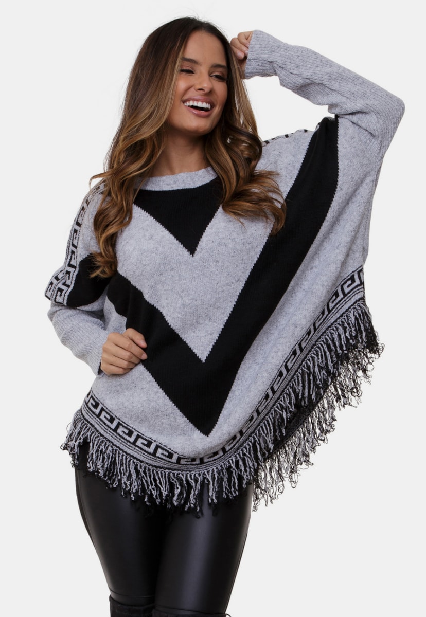 Poncho Pink Tricot Juliete De Tricô Mousse Com Franjas e Listras em V Feminino Cinza/Preto