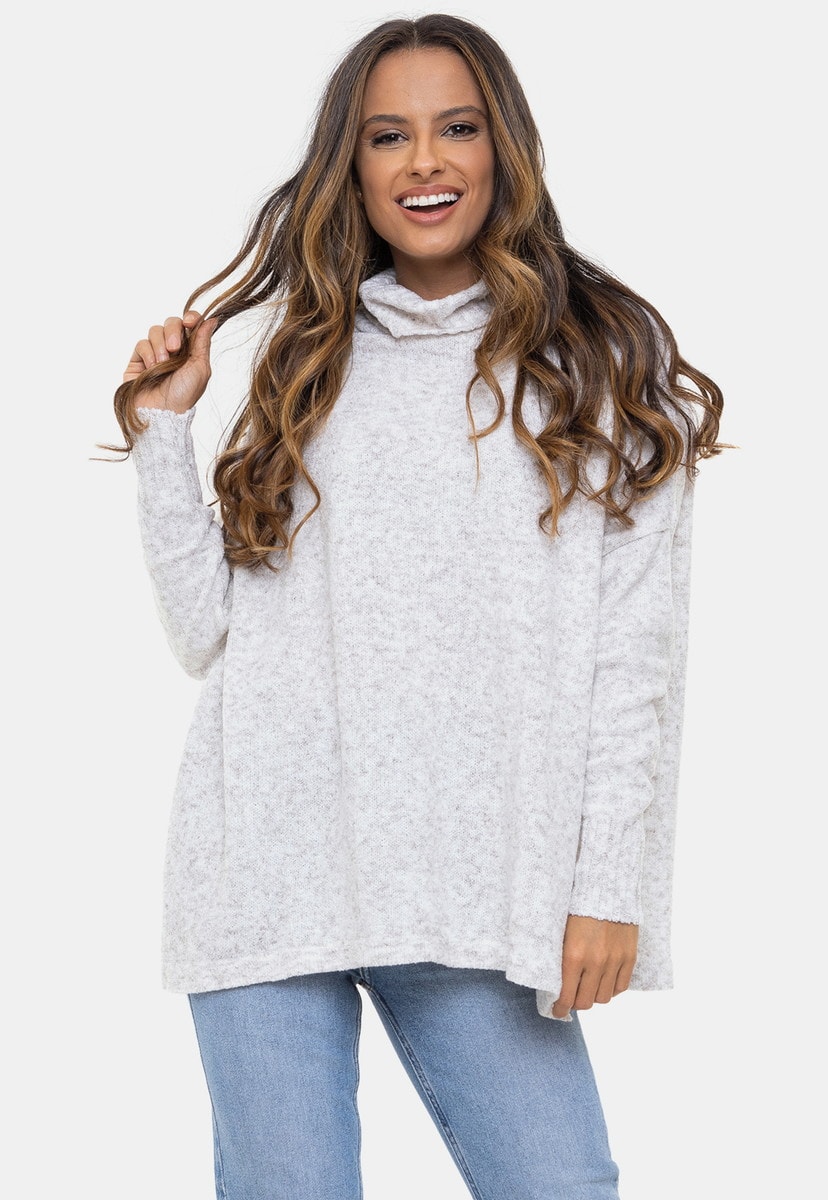 Poncho Pink Tricot Manga Longa Canelada e Gola Boba de Tricô Mousse Eda Feminino Branco