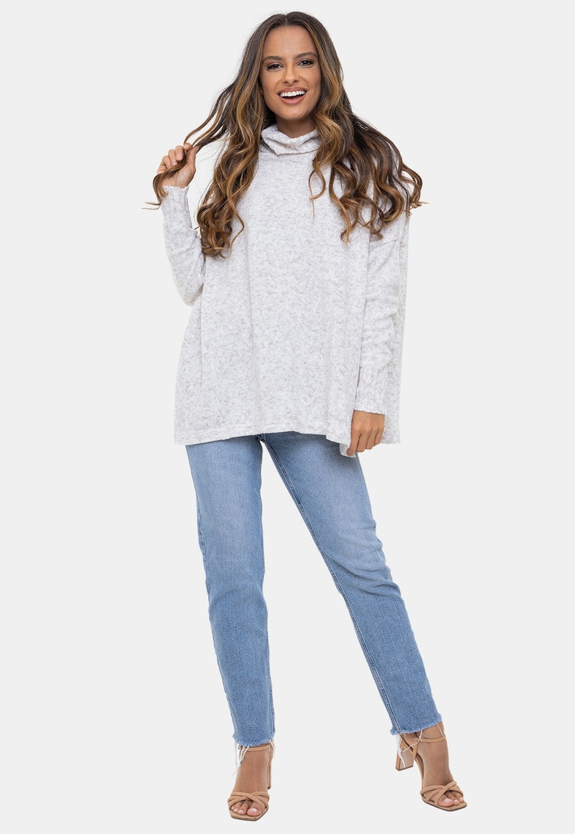 Poncho Pink Tricot Manga Longa Canelada e Gola Boba de Tricô Mousse Eda Feminino Branco