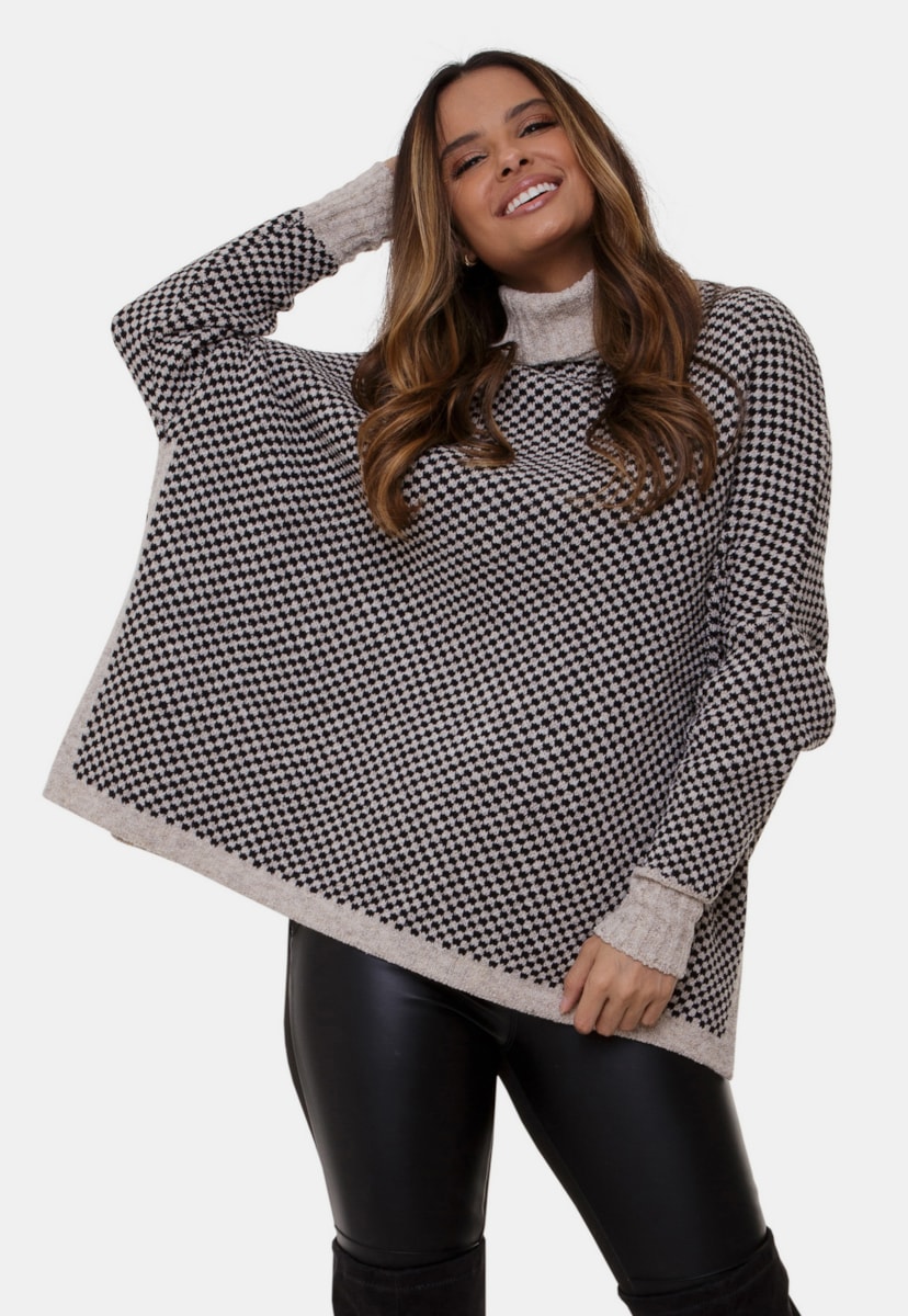 Poncho Pink Tricot Renata de Tricô Mousse Com Estampa Xadrez e Gola Alta Feminino Bege