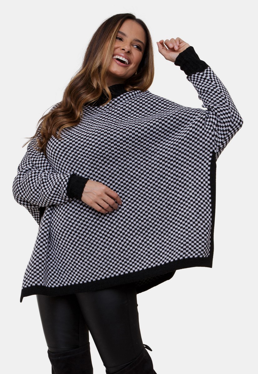 Poncho Renata Pink Tricot Com Estampa Xadrez e Gola Alta de Tricô Mousse Feminino Preto