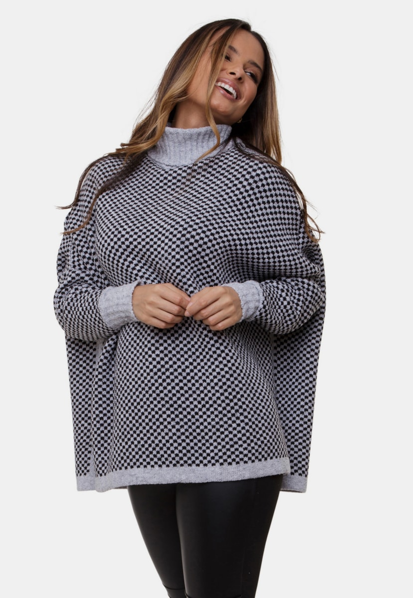 Poncho Renata Pink Tricot De Tricô Mousse Com Gola Alta E Estampa Xadrez Feminino Cinza