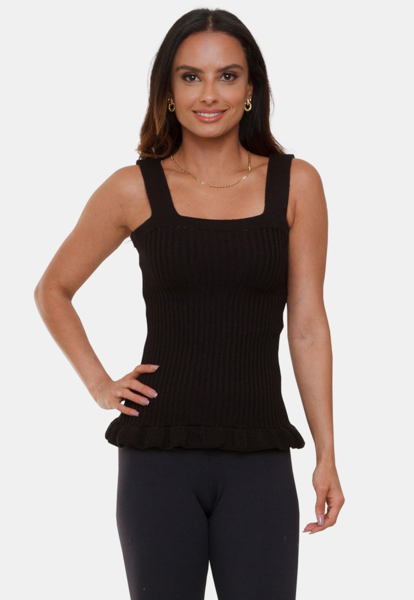 Regata Blusa Pink Tricot Bertha Peplum de Tricô Modal Canelado com Alça Feminino Preto