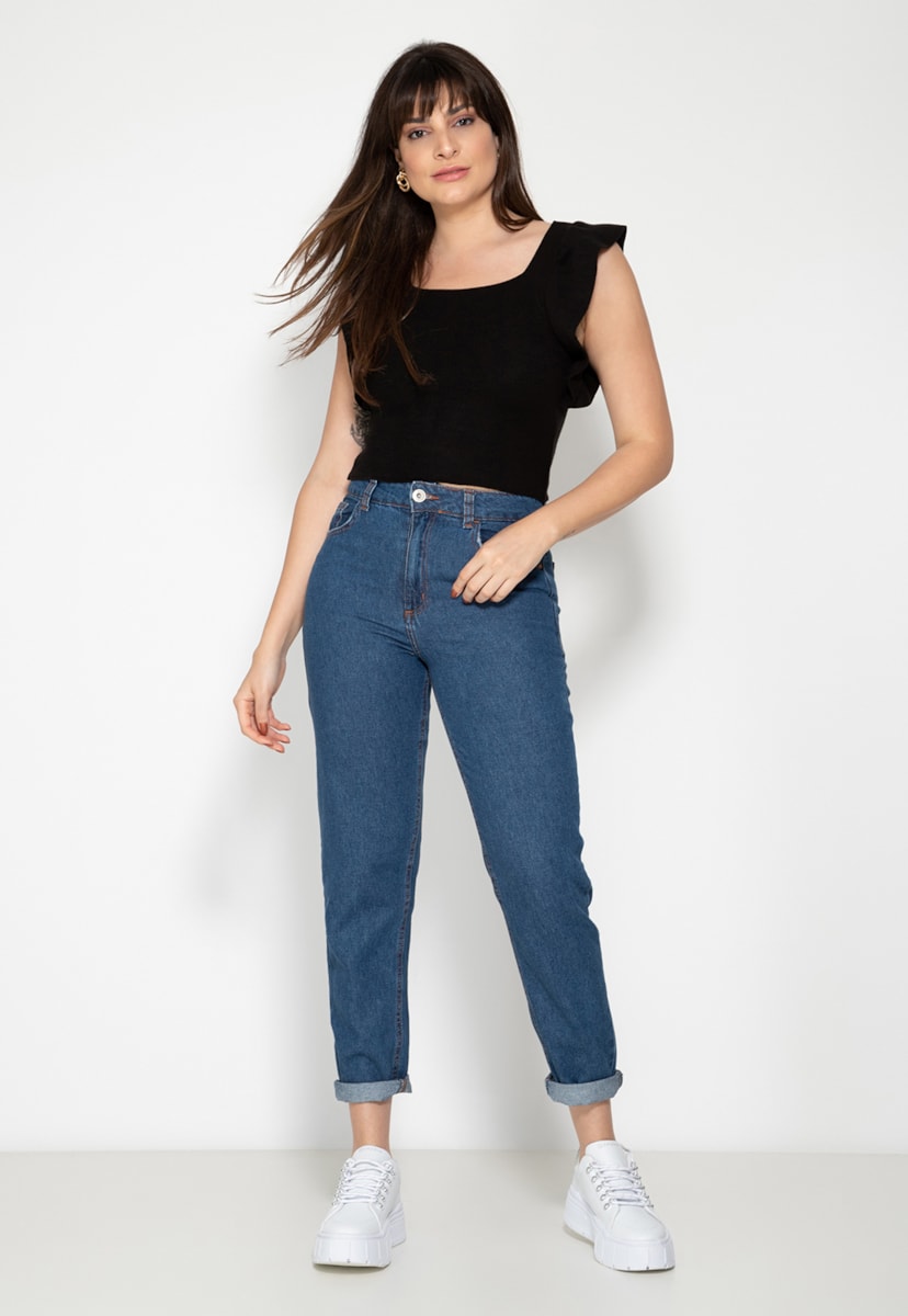 Regata com Babado na Alça de Tricô Modal Pink Tricot Feminina Preto