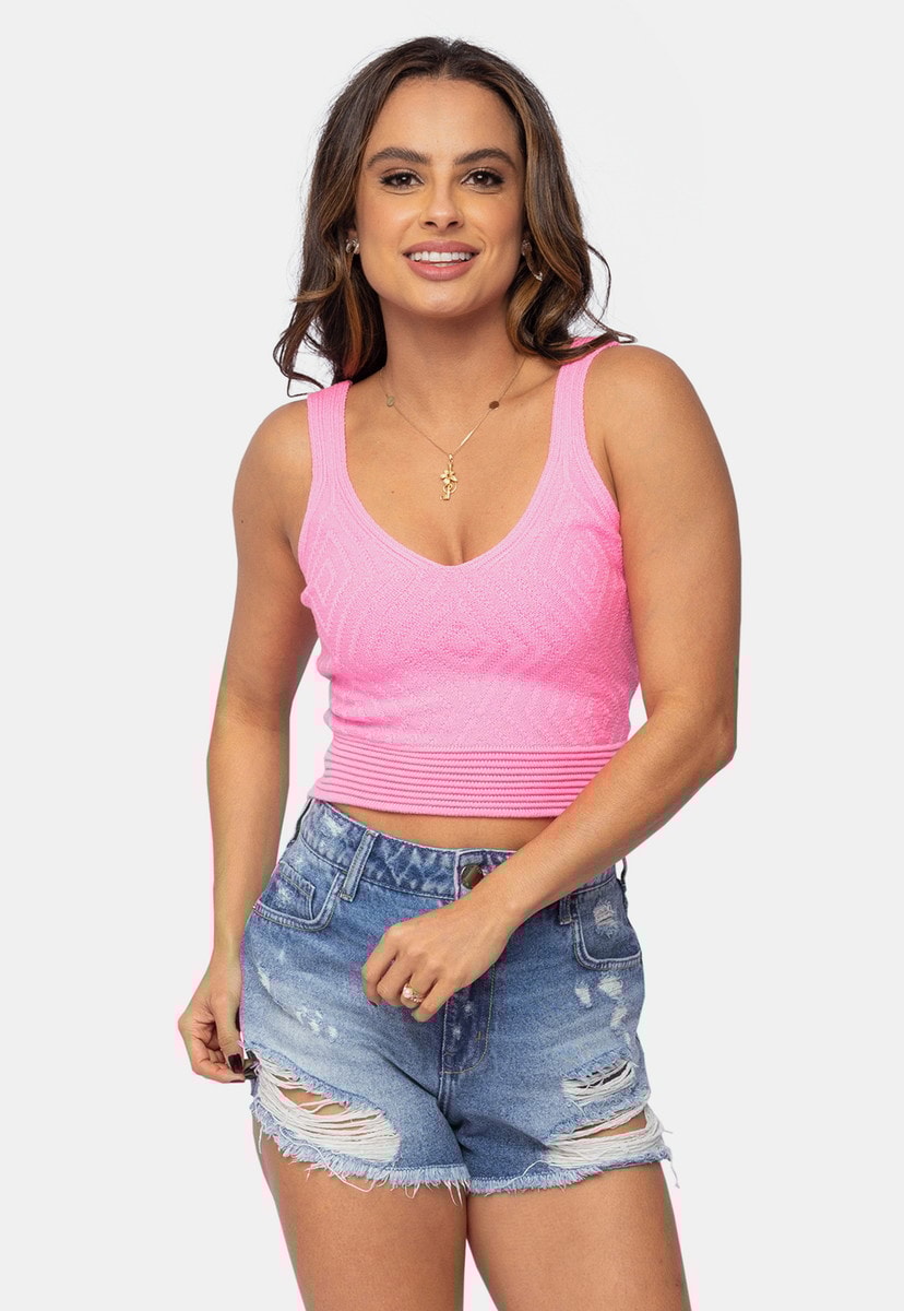 Regata Cropped Pink Tricot de Tricô Canelado e Alças Feminino Rosa Carlota