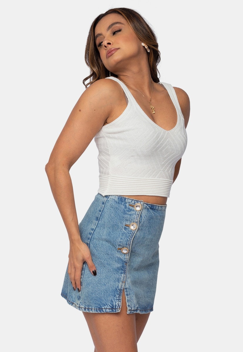 Regata Cropped Pink Tricot de Tricô Losangos e Canelado na Cintura com Alças Feminino Branco Carlota