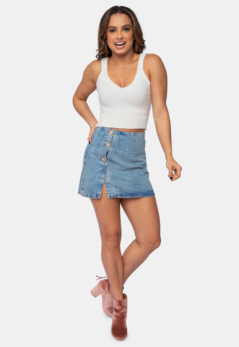 Regata Cropped Pink Tricot de Tricô Losangos e Canelado na Cintura com Alças Feminino Branco Carlota