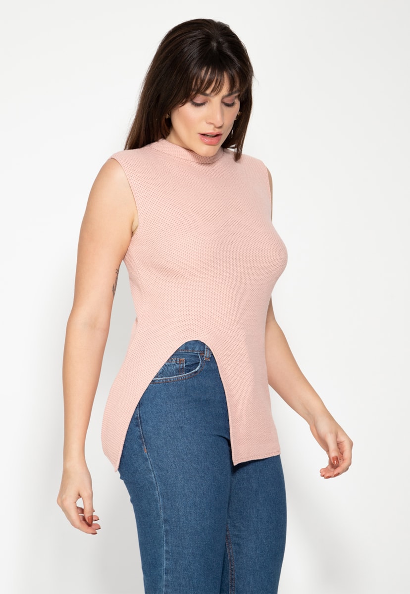 Regata de Tricô Modal com Fenda Básica Pink Tricot Feminina Rosê