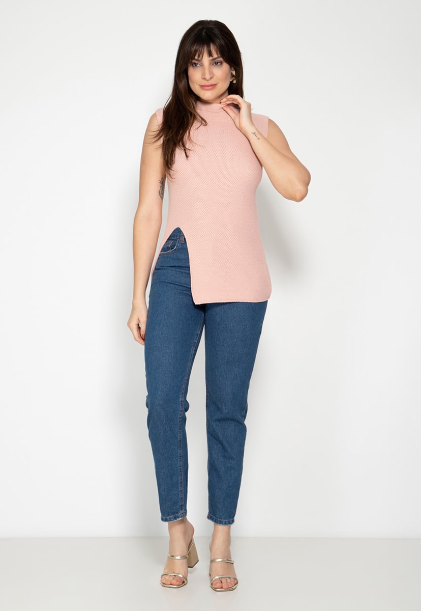Regata de Tricô Modal com Fenda Básica Pink Tricot Feminina Rosê