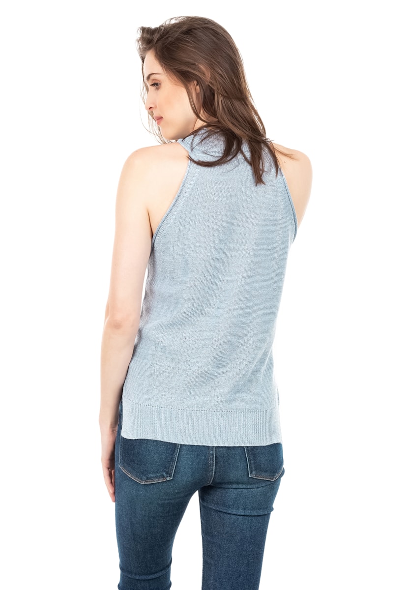 Regata de Tricot Feminina com Fio Metalizado Lurex Azul Claro
