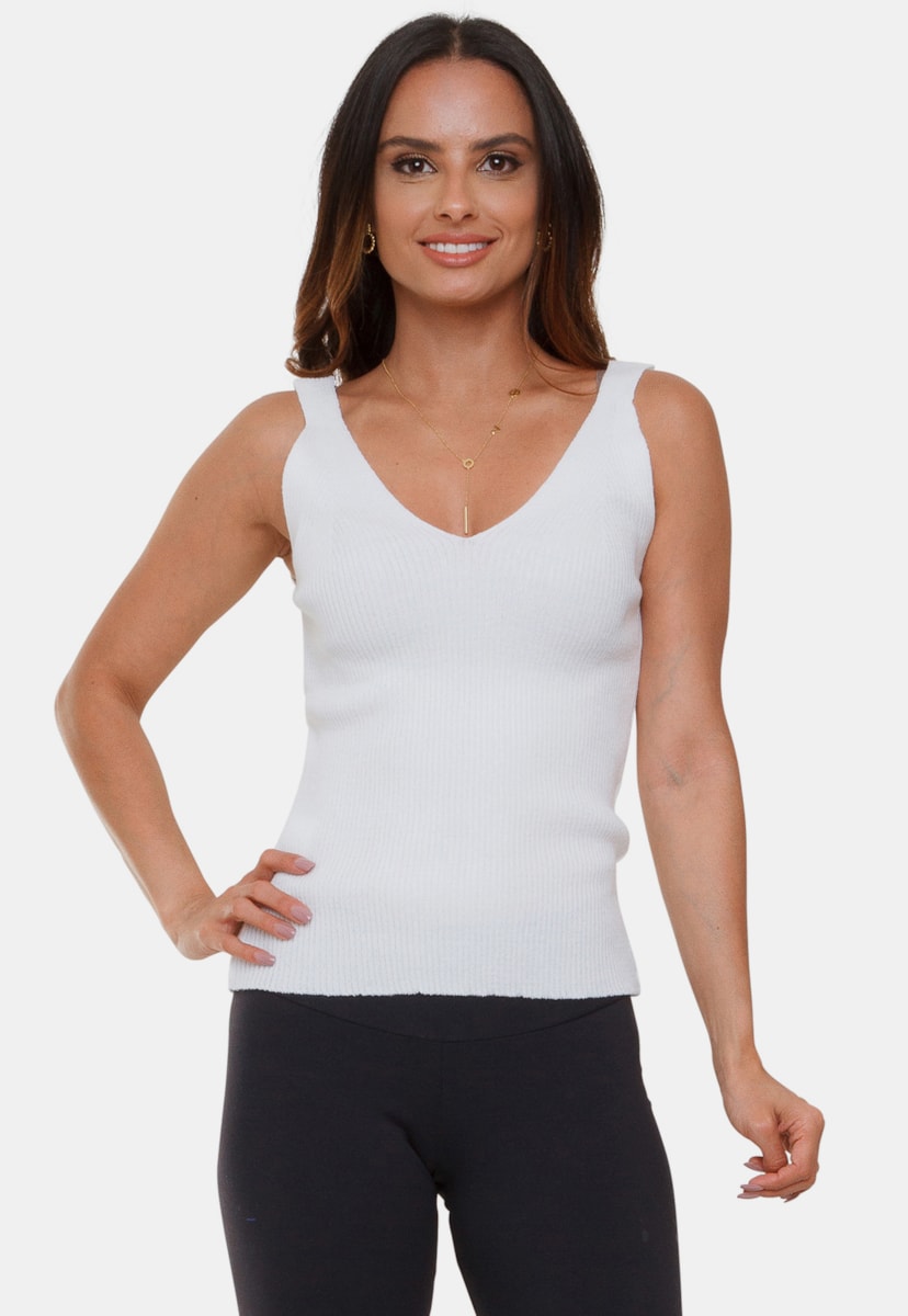 Regata Pink Tricot Carol de Tricô Modal Canelada Decote V e Alças Feminino Branco