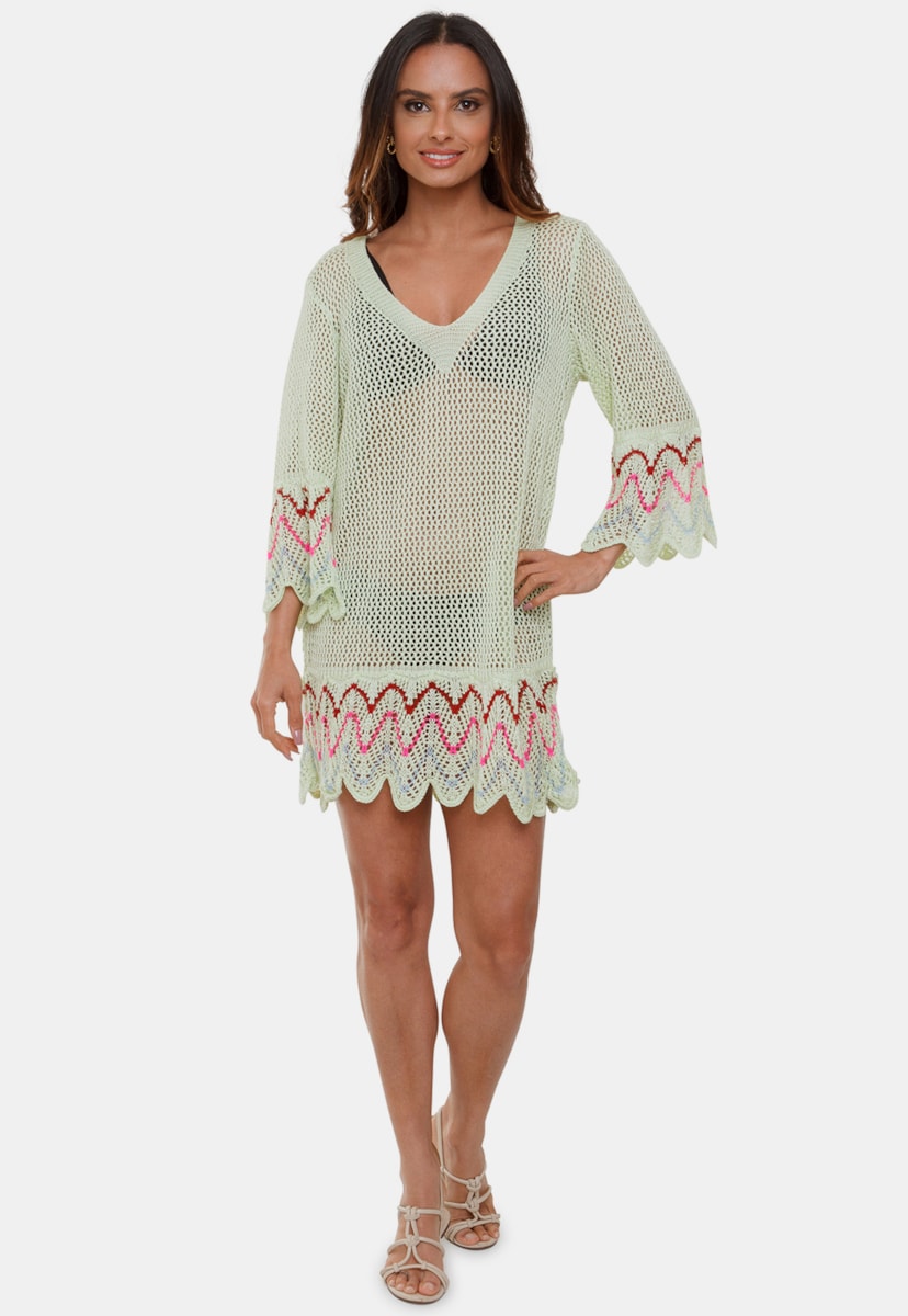 Saida de Praia Curta Lua Pink Tricot de Tricô Vazado com Manga Flare Chevron Feminino Verde Claro
