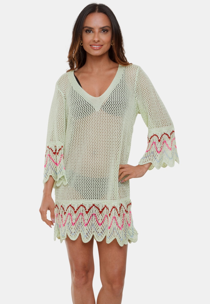 Saida de Praia Curta Lua Pink Tricot de Tricô Vazado com Manga Flare Chevron Feminino Verde Claro