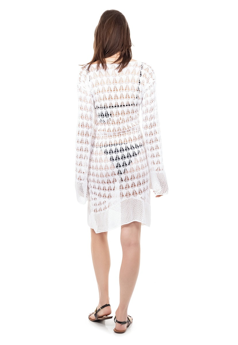 Saída de Praia de Tricot Decote V e Manga Flare Feminino Branco
