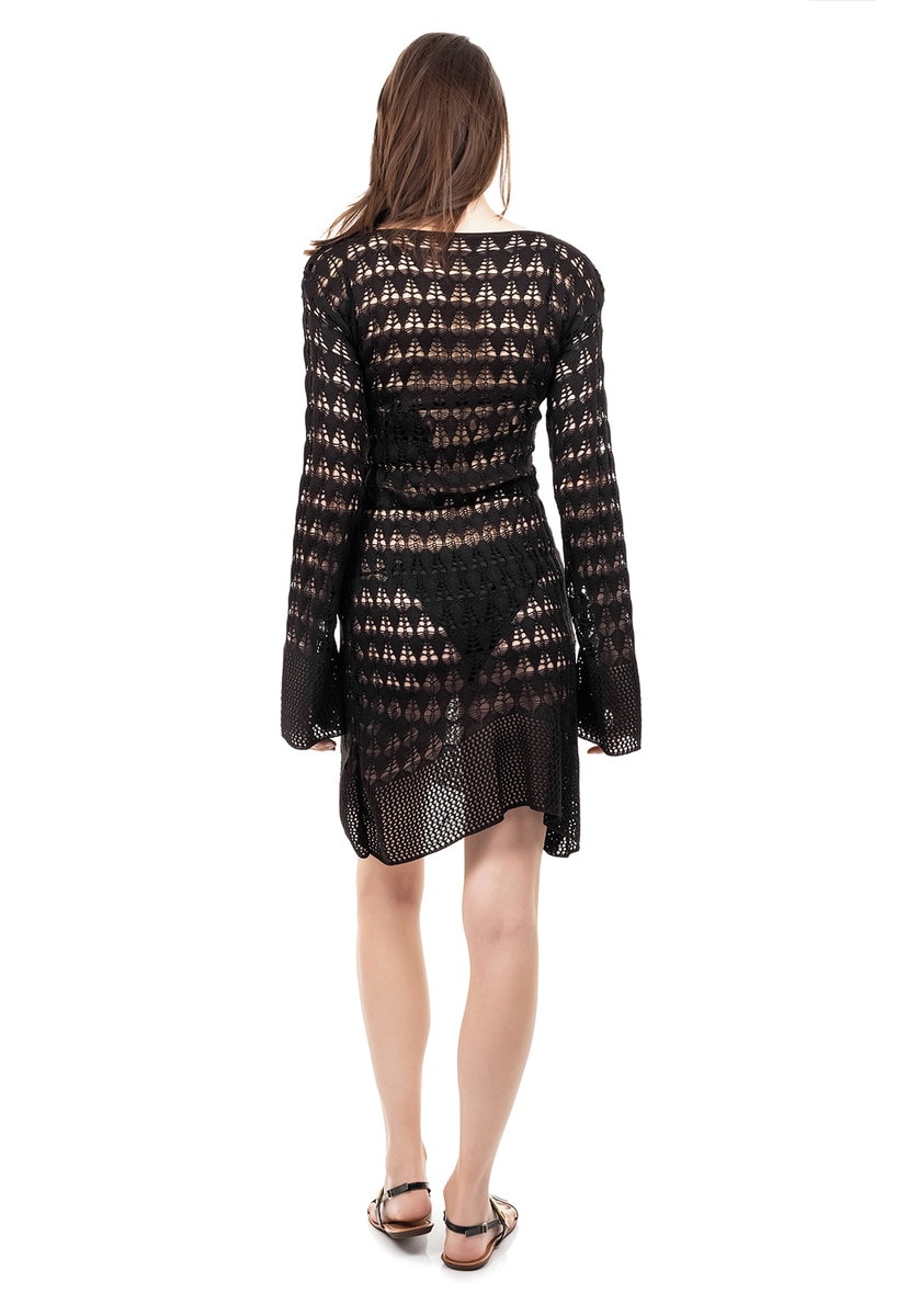 Saída de Praia de Tricot Decote V e Manga Flare Feminino Preto