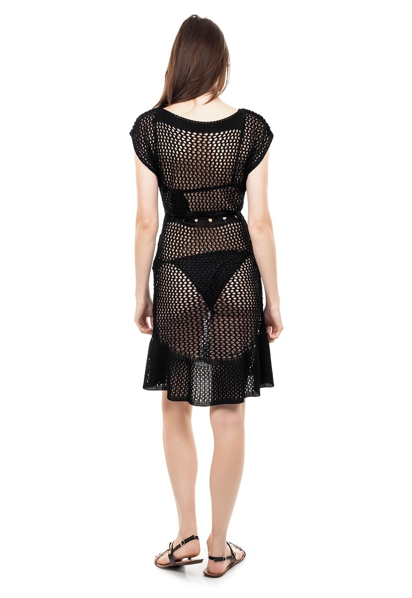 Saída de Praia de Tricot Renda Manga Curta Cordão Feminino Preto