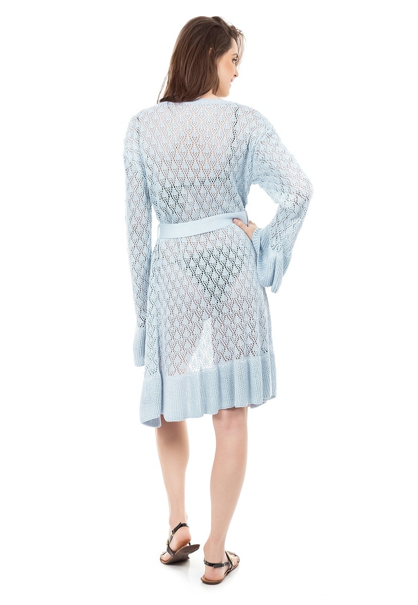 Saída de Praia de Tricot Renda Manga Flare com Cinto Feminina Azul Claro