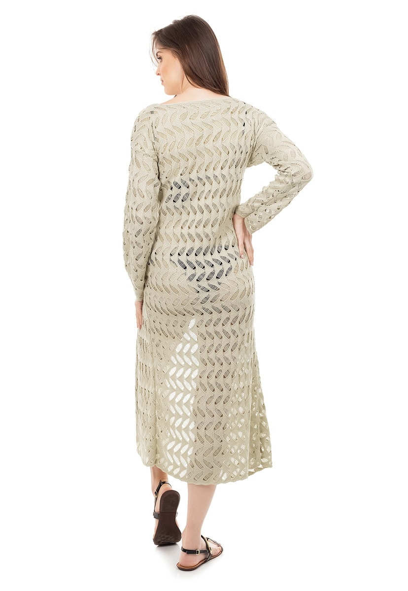 Saída de Praia Longa de Tricot Manga Longa Rendada Feminino Bege