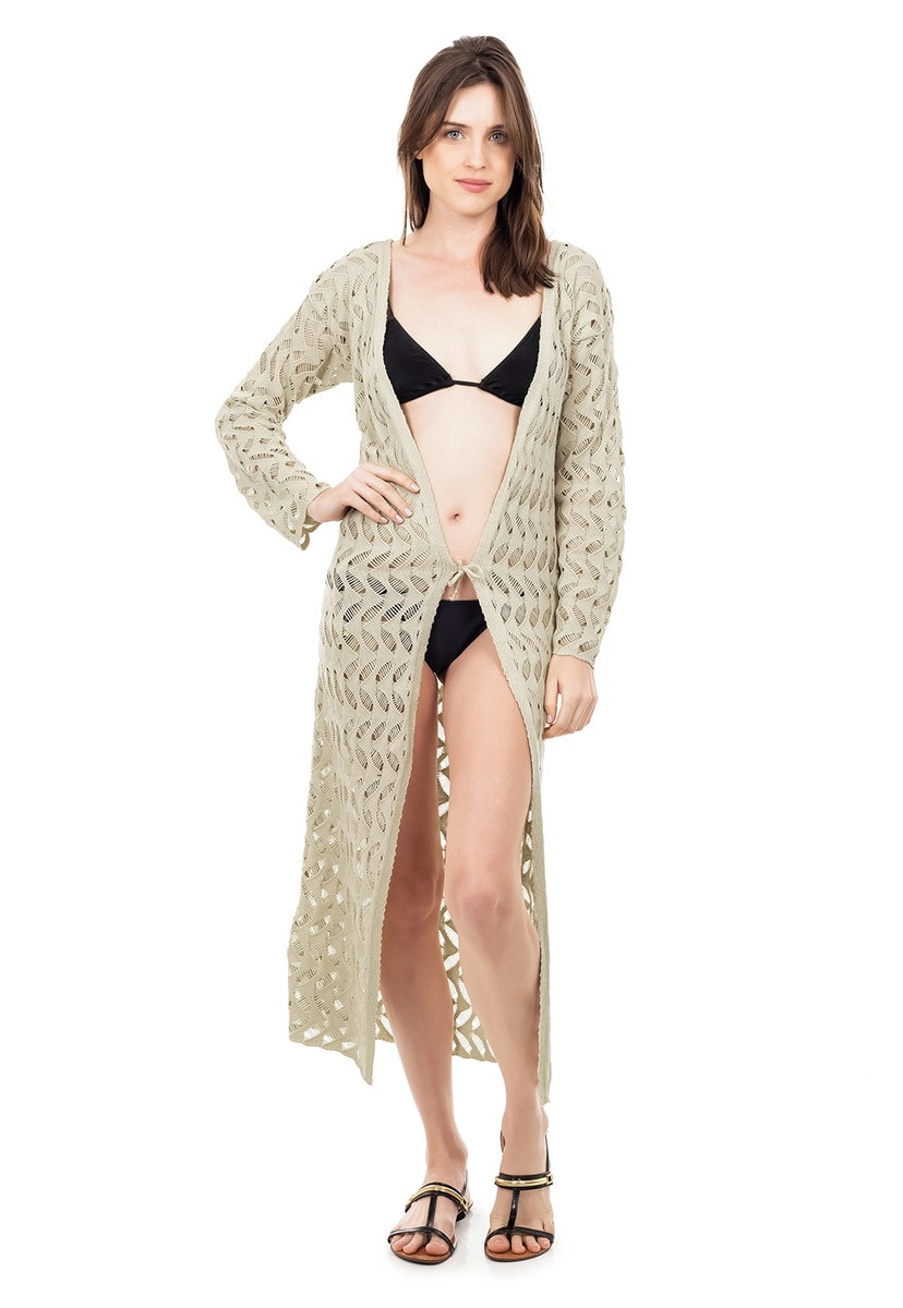 Saída de Praia Longa de Tricot Manga Longa Rendada Feminino Bege