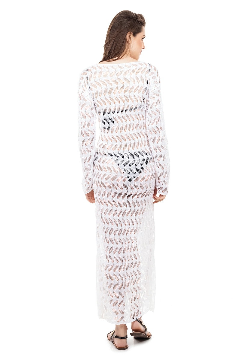 Saída de Praia Longa de Tricot Manga Longa Rendada Feminino Branco