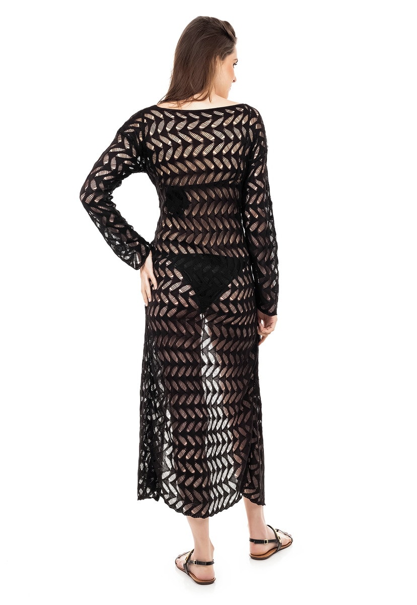 Saída de Praia Longa de Tricot Manga Longa Rendada Feminino Preto