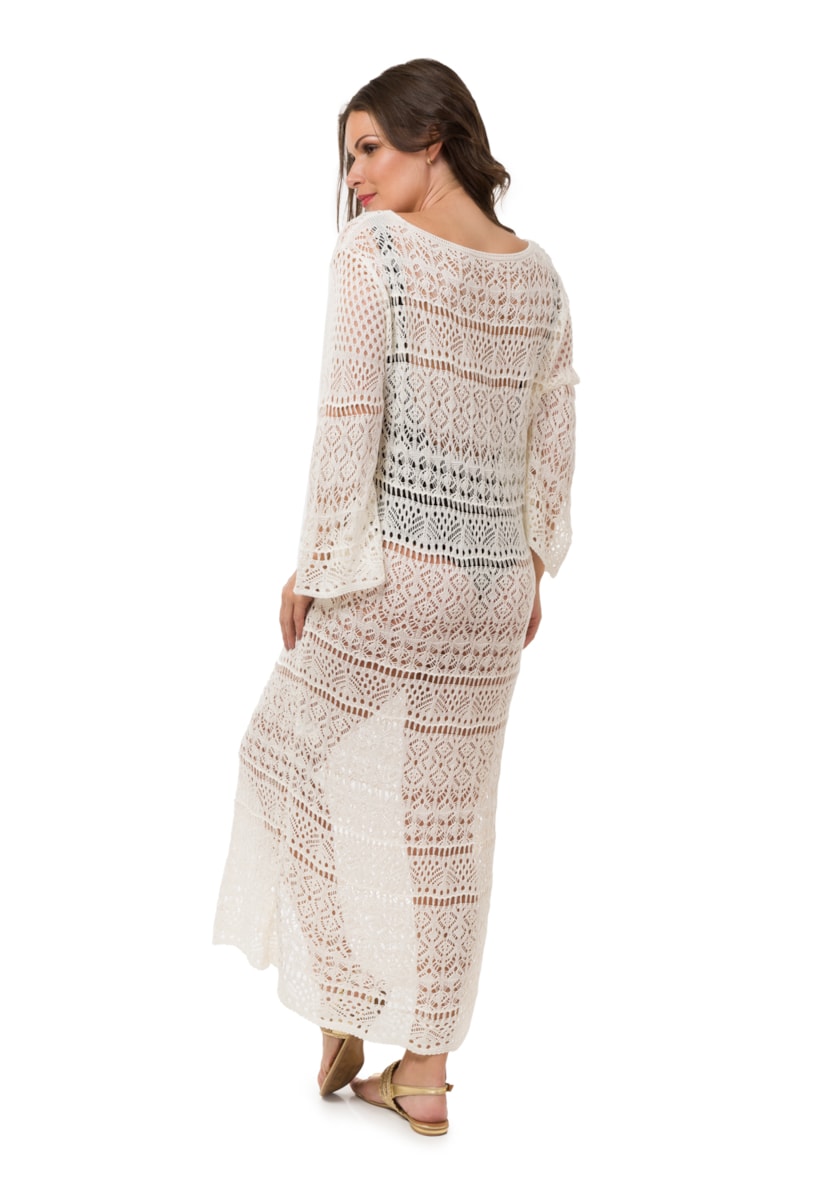 Saída de Praia Longa Feminina Pink Tricot (Tricô) Renda Botões Off White