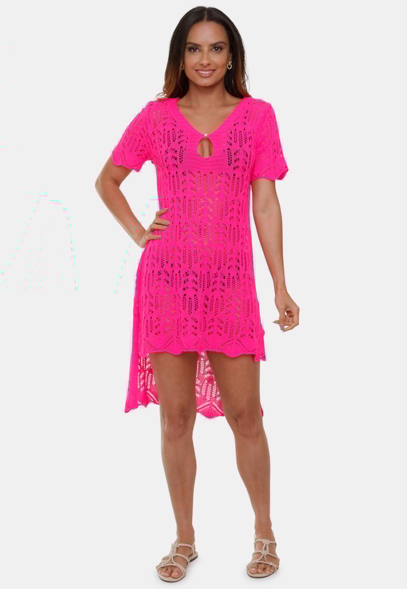 Saída de Praia Pink Tricot Cecilia Vestido Mullet de Tricô Com Manga Curta Rendada Feminino Rosa