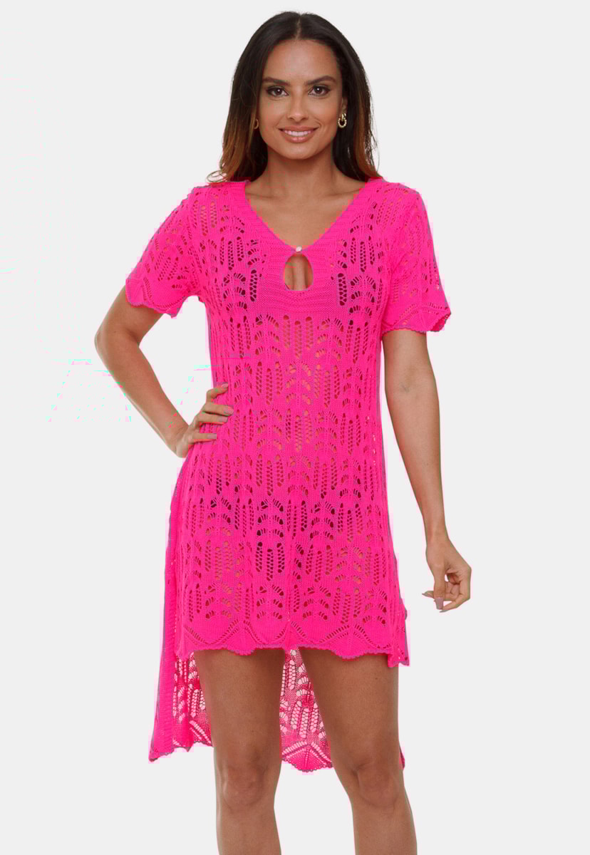 Saída de Praia Pink Tricot Cecilia Vestido Mullet de Tricô Com Manga Curta Rendada Feminino Rosa