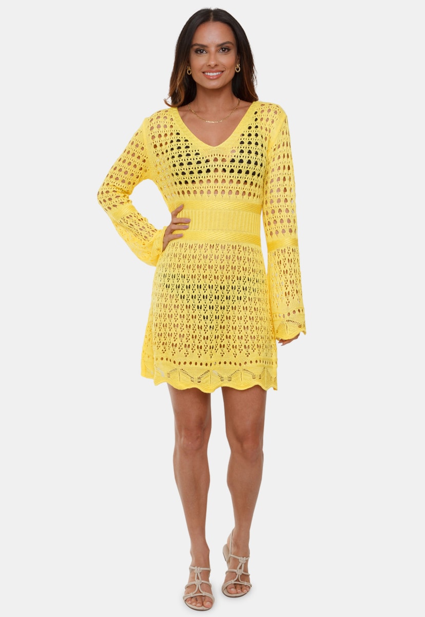 Saída de Praia Pink Tricot Curta de Tricô Rendado Aurora Com Manga Flare Feminino Amarelo