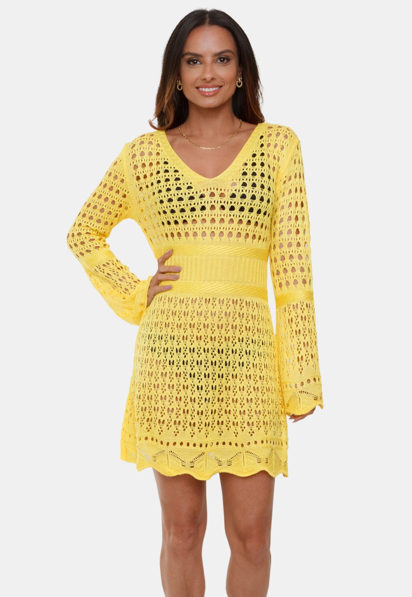 Saída de Praia Pink Tricot Curta de Tricô Rendado Aurora Com Manga Flare Feminino Amarelo