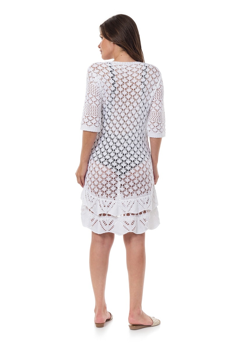 Saída de Praia Pink Tricot(Tricô) Rendado Vestido Curto Babado Branco